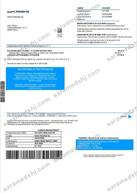 Finland Oomi Palvelut Oy electricity utility bill template in Word and PDF format